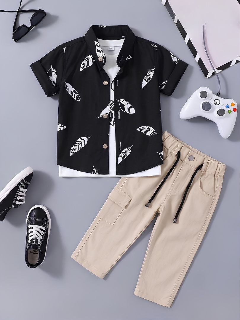 Casual Boys Set With Feather Print Shirt