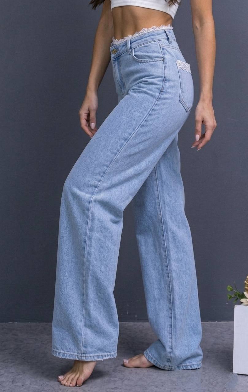 Lace Waist Wide Leg Jeans