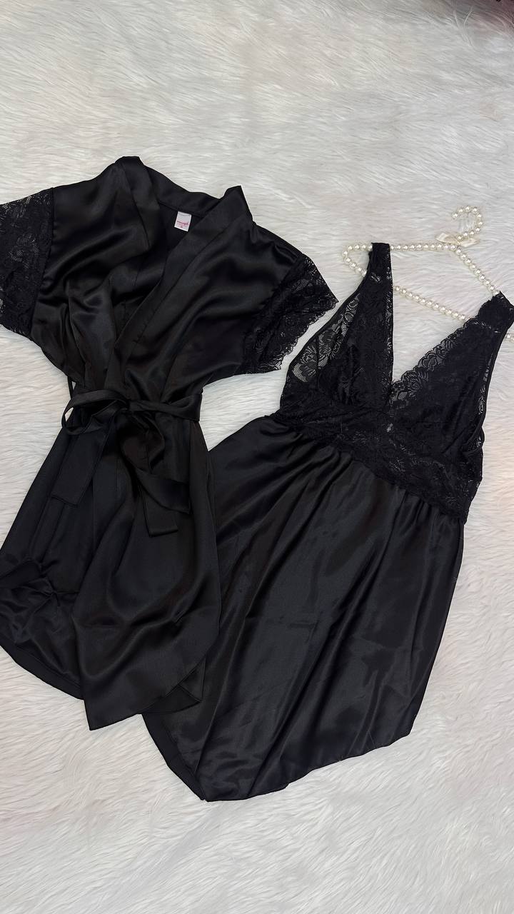 Satin Lace Lingerie Set With Robe